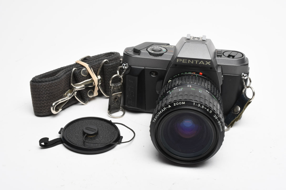 Pentax P30T 35mm SLR w/Takumar-A 28-80mm zoom, strap, tested, *Read