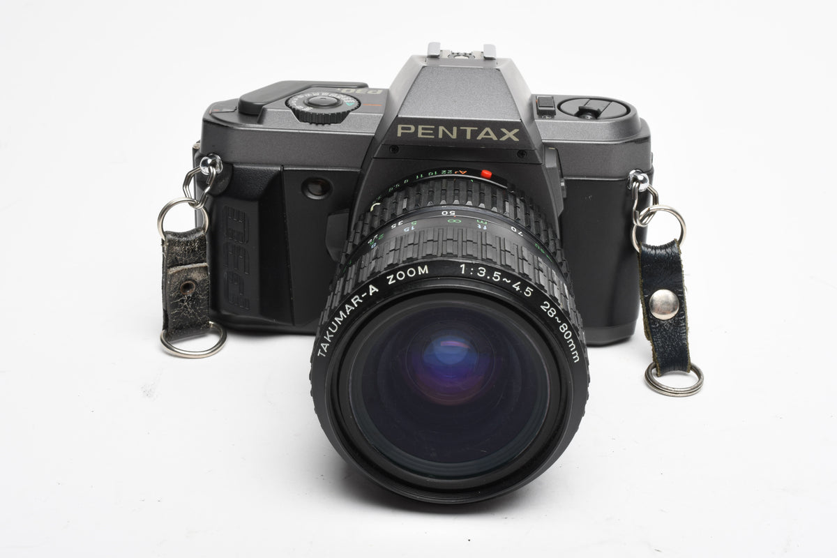 Pentax P30T 35mm SLR w/Takumar-A 28-80mm zoom, strap, tested, *Read