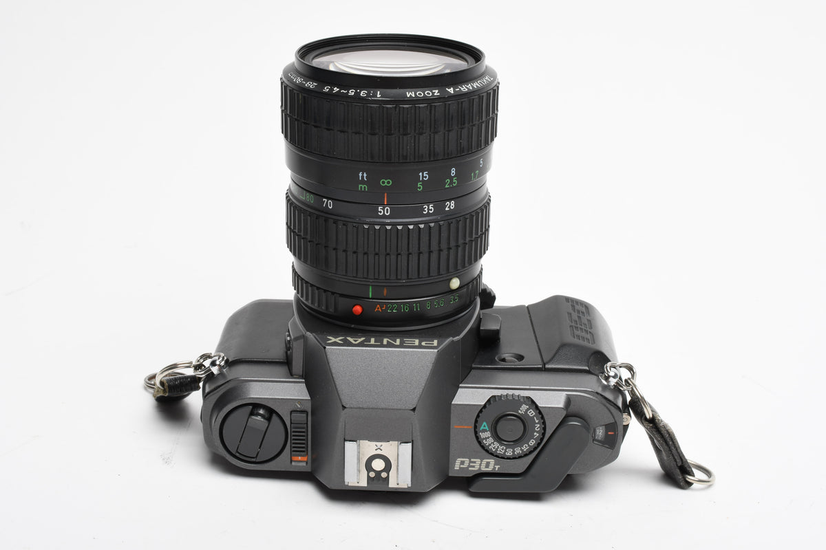 Pentax P30T 35mm SLR w/Takumar-A 28-80mm zoom, strap, tested, *Read