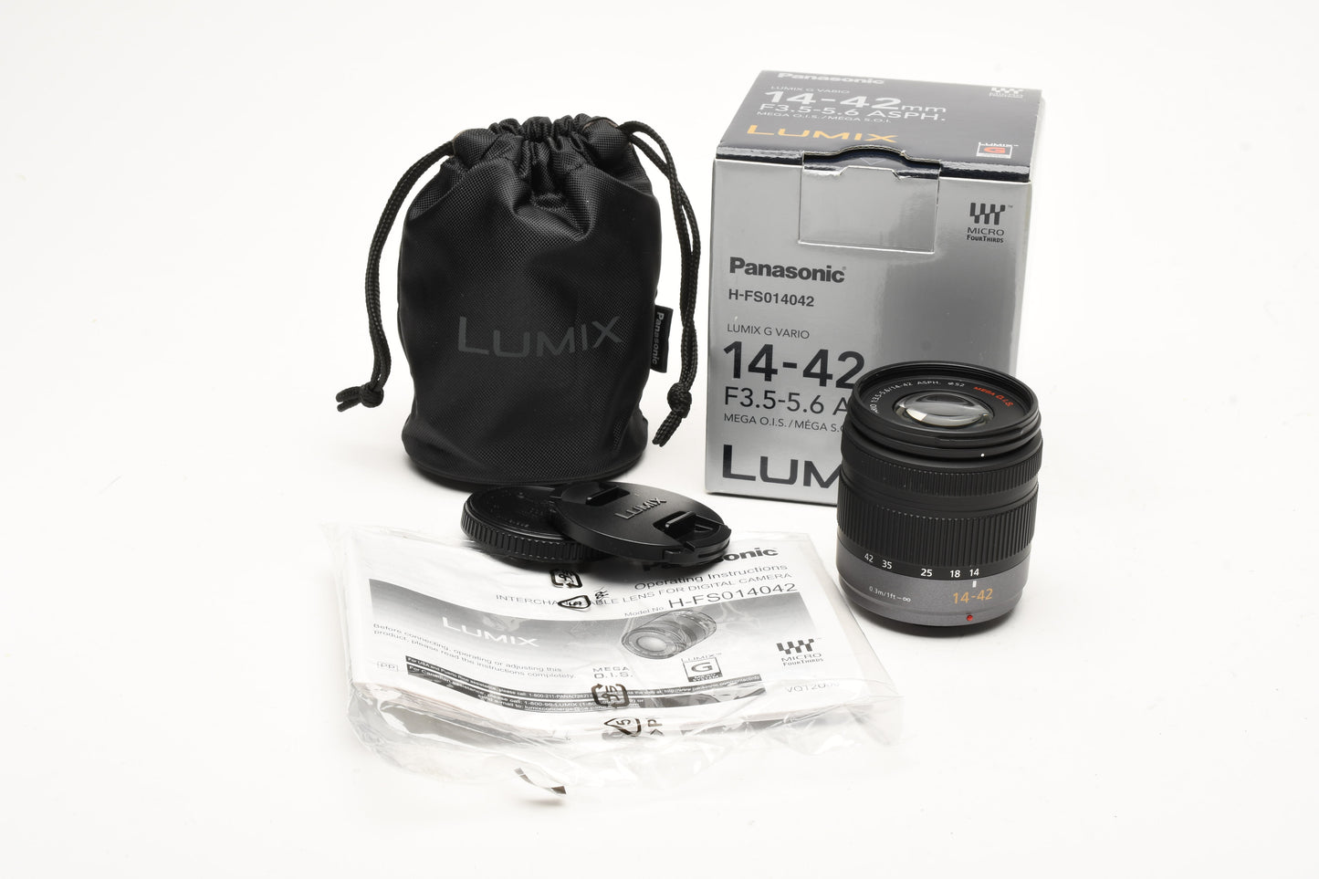 Panasonic Lumix G Vario 14-42mm F3.5-5.6 Mega O.I.S. Zoom Lens, Pouch, Mint-