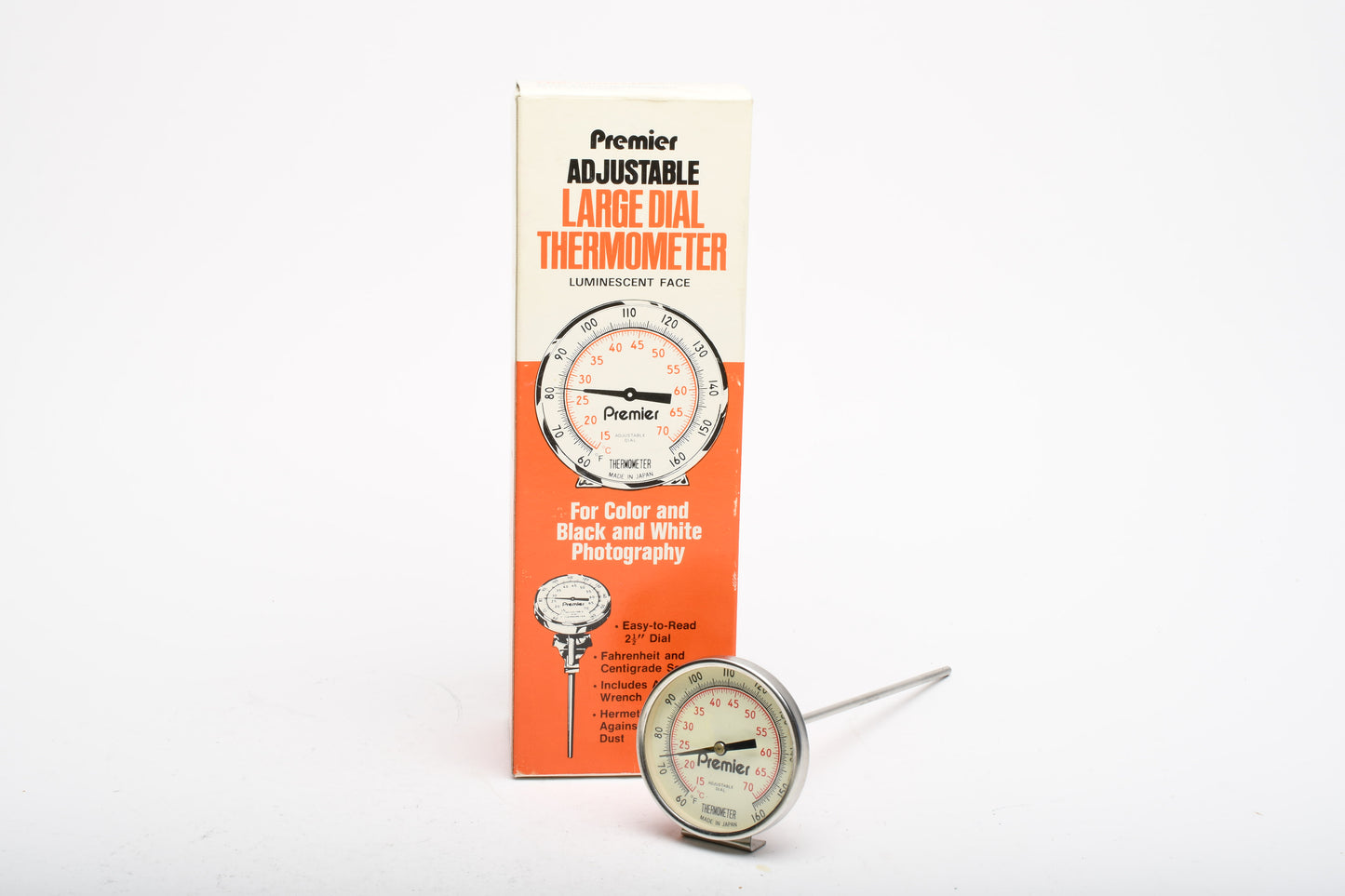 2.5" Premier Dial thermometer w/8" post + tray clip