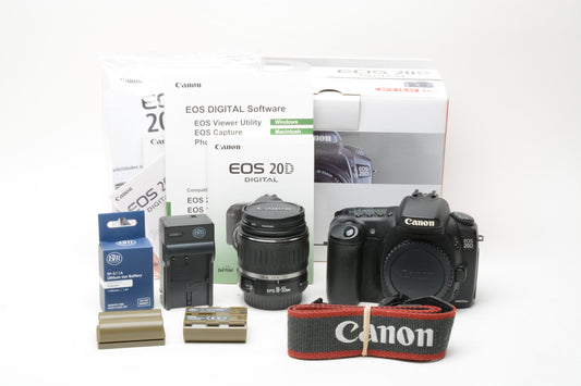 Canon EOS 20D DSLR w/18-55mm f/3.5-5.6 Lens, 3X Batts, 4GB CF Card, Boxed