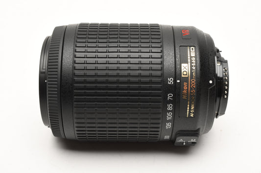 Nikon AFS Nikkor 55-200mm F4-5.6G ED DX VR zoom lens, caps, hood, pouch, Mint-