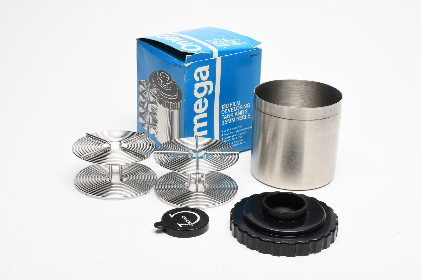Omega Stainless steel 120 developing tank w/2X 35mm Stainless steel reels, Clean