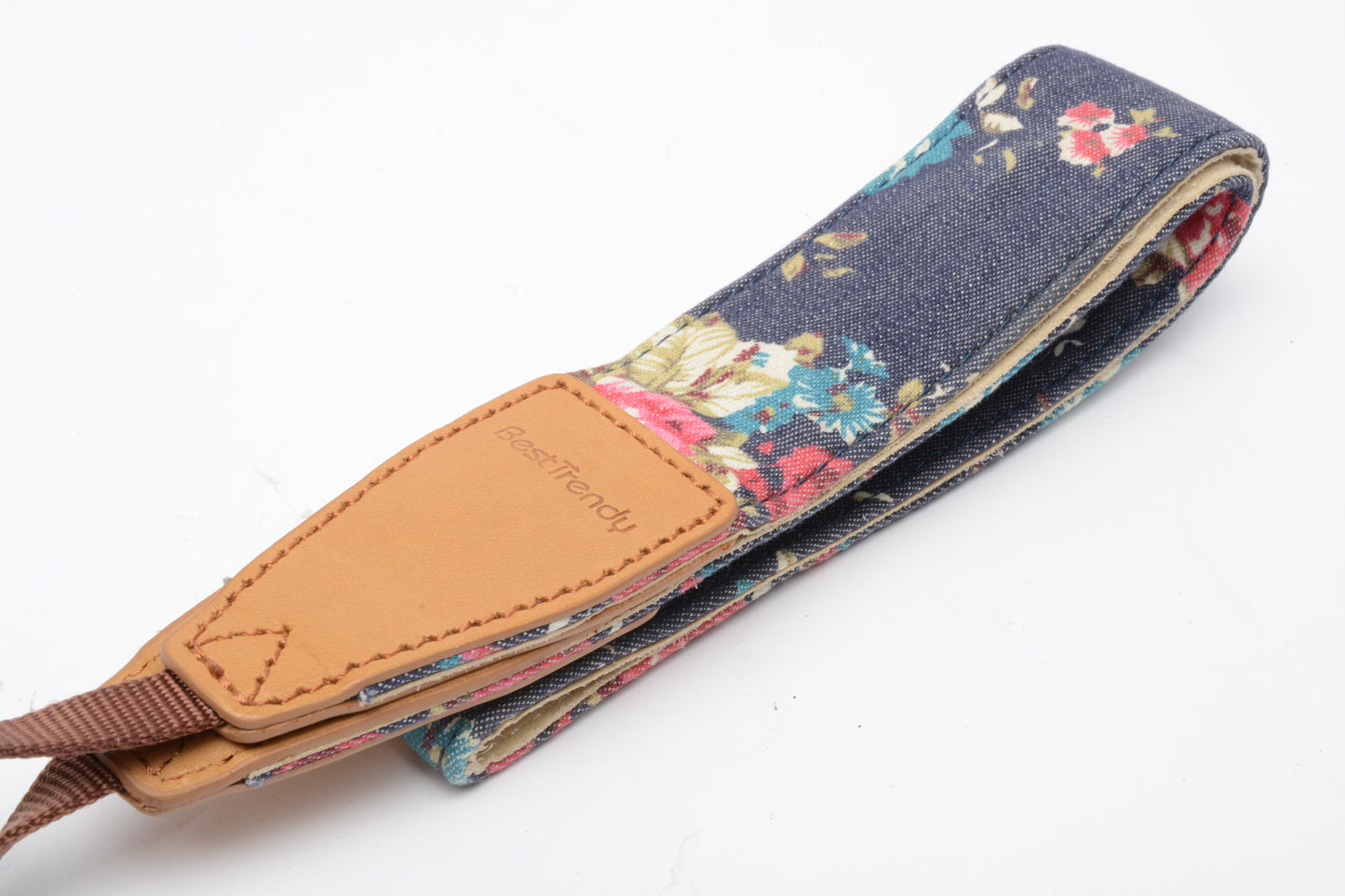 Best Trendy Colorful floral camera strap 1.5" wide w/leather ends, clean