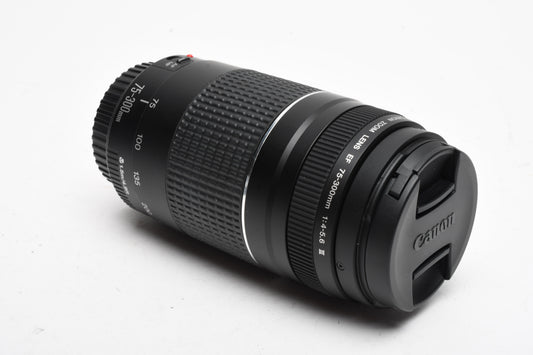 Canon EF 75-300mm f4-5.6 III Telephoto zoom lens, caps, Very Clean!