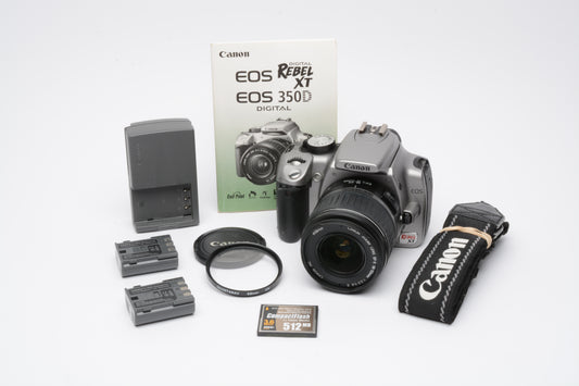 Canon Digital Rebel XT 8MP DSLR w/18-55mm F3.5-5.6 II, 2batts+charger+UV+manual