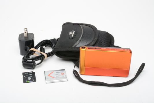 Sony DSC-TX30 Orange Digital Point & Shoot camera, case, batt+charger+Micro SD card