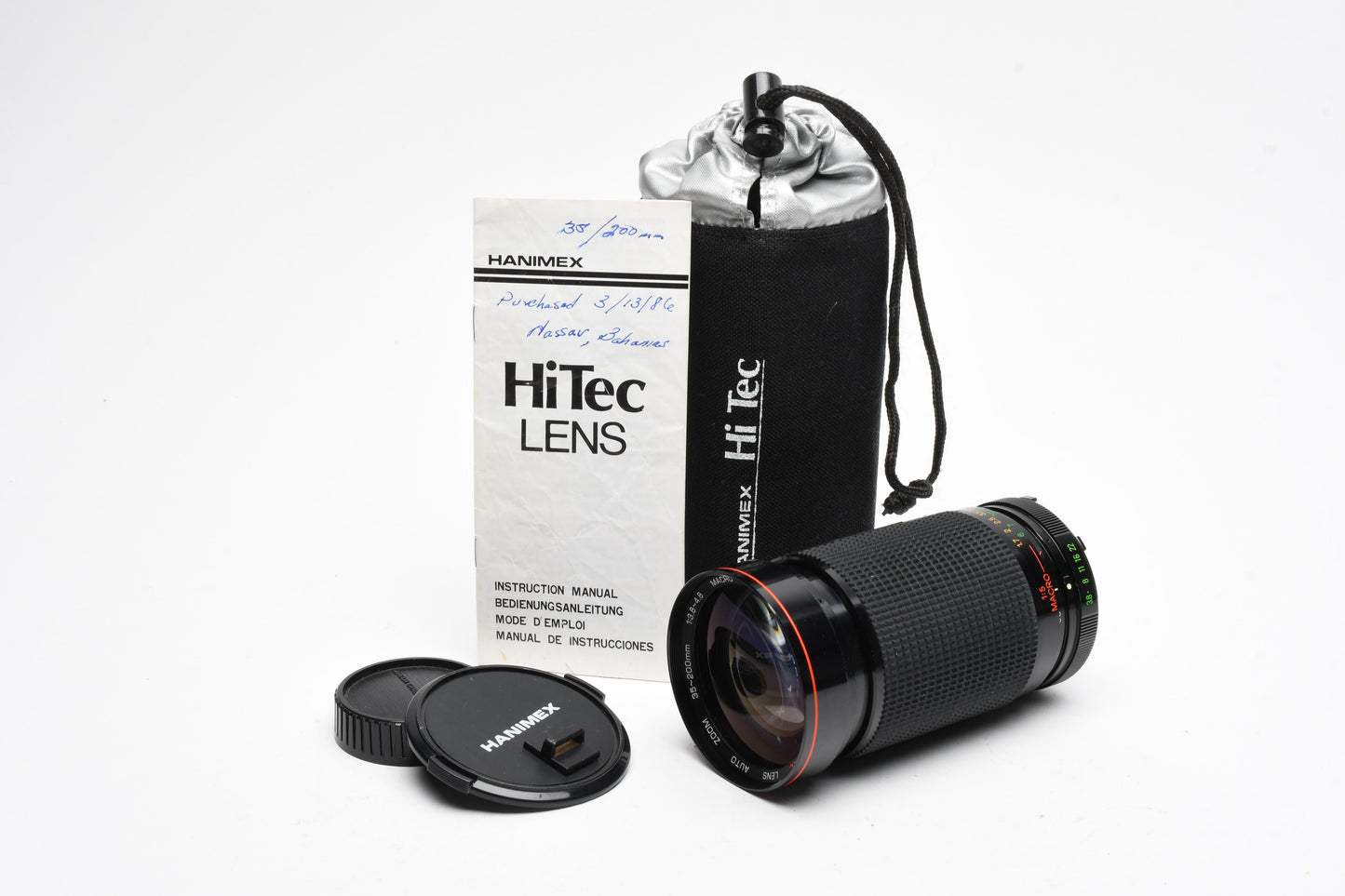 Hanimex Hi TEC 35-200mm f3.8-4.8 wide zoom lens, Minolta Mount + Pouch