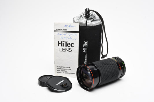 Hanimex Hi TEC 35-200mm f3.8-4.8 wide zoom lens, Minolta Mount + Pouch
