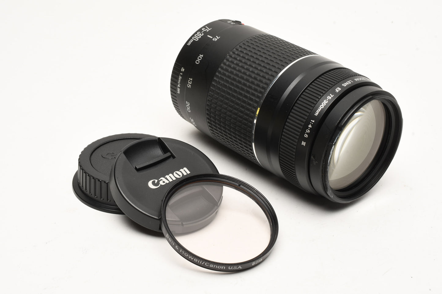 Canon EF 75-300mm f4-5.6 III Telephoto zoom lens, caps, UV, Tested