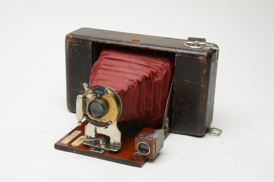 Ansco #4 Vintage red bellows camera w/Wollensak brass lens, Still works