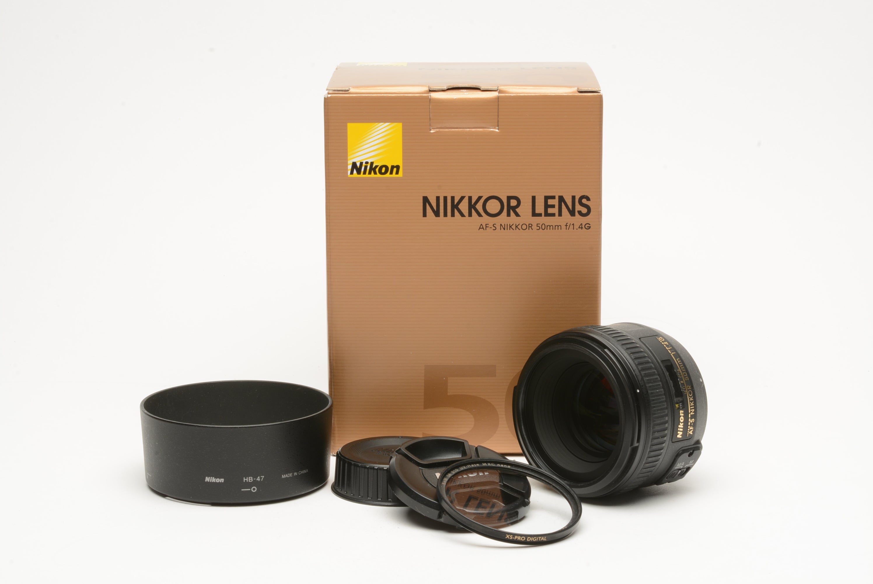 Nikon AF-S Nikkor 50mm f1.4G Lens, boxed, USA MFR #2180 Hood+caps+