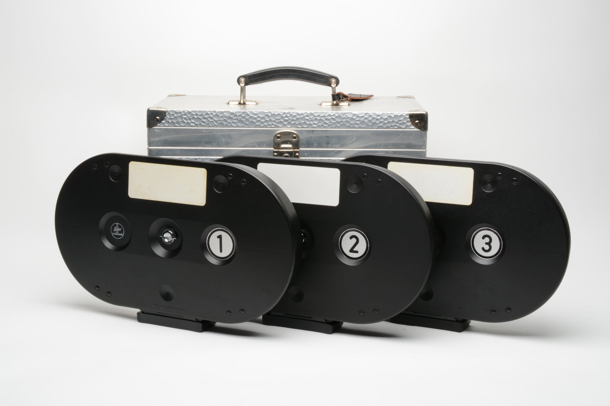 Bolex set of 3 400ft 16mm film magazines in custom fitted Bolex