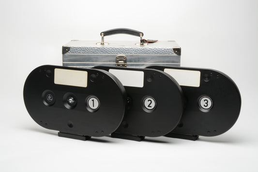 Bolex set of 3 400ft 16mm film magazines in custom fitted Bolex case, Very clean