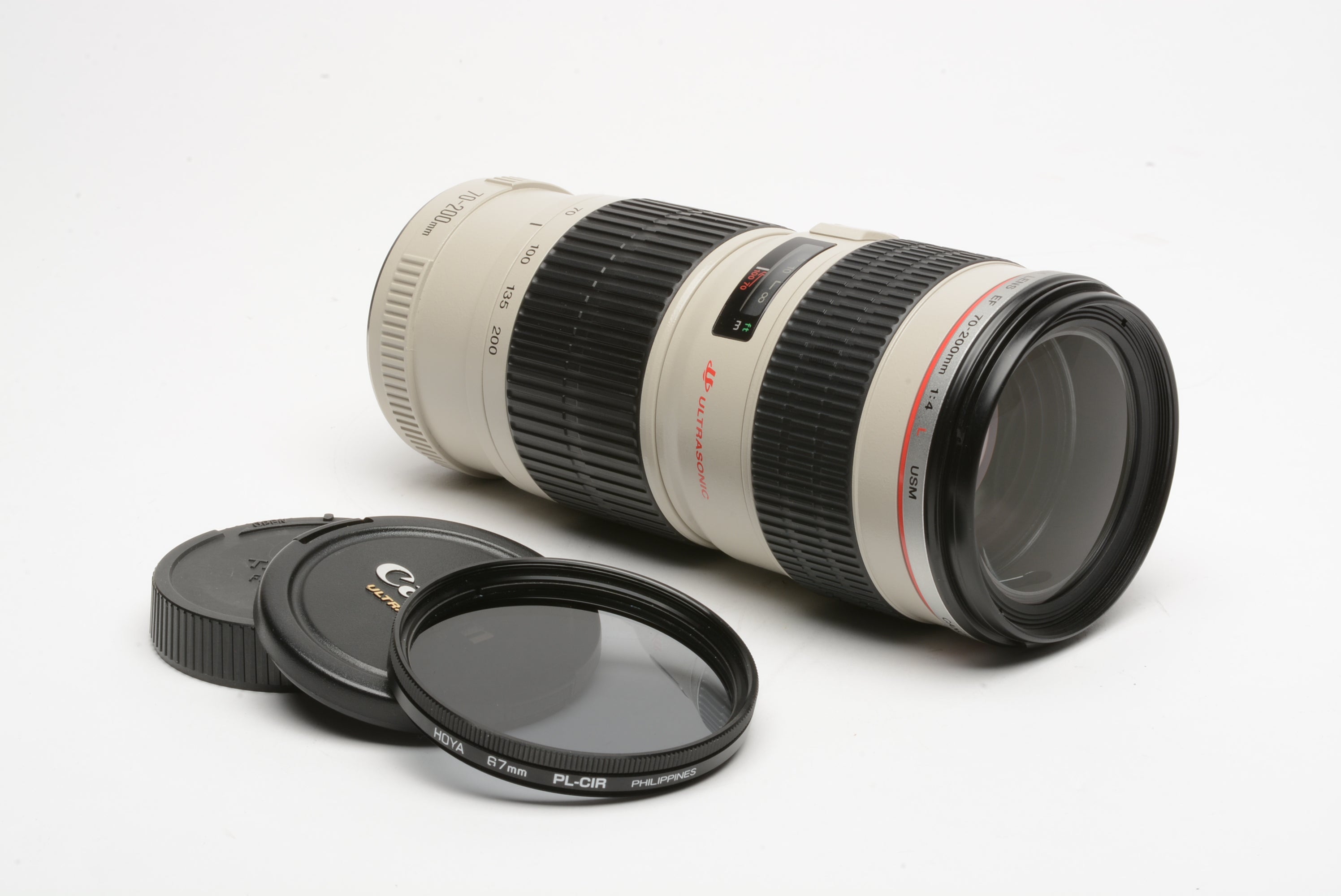 Canon EF 70-200mm f4L USM zoom lens, caps, Polarizing filter, very