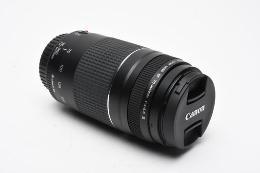 Canon EF 75-300mm f4-5.6 III Telephoto zoom lens, caps, Versatile