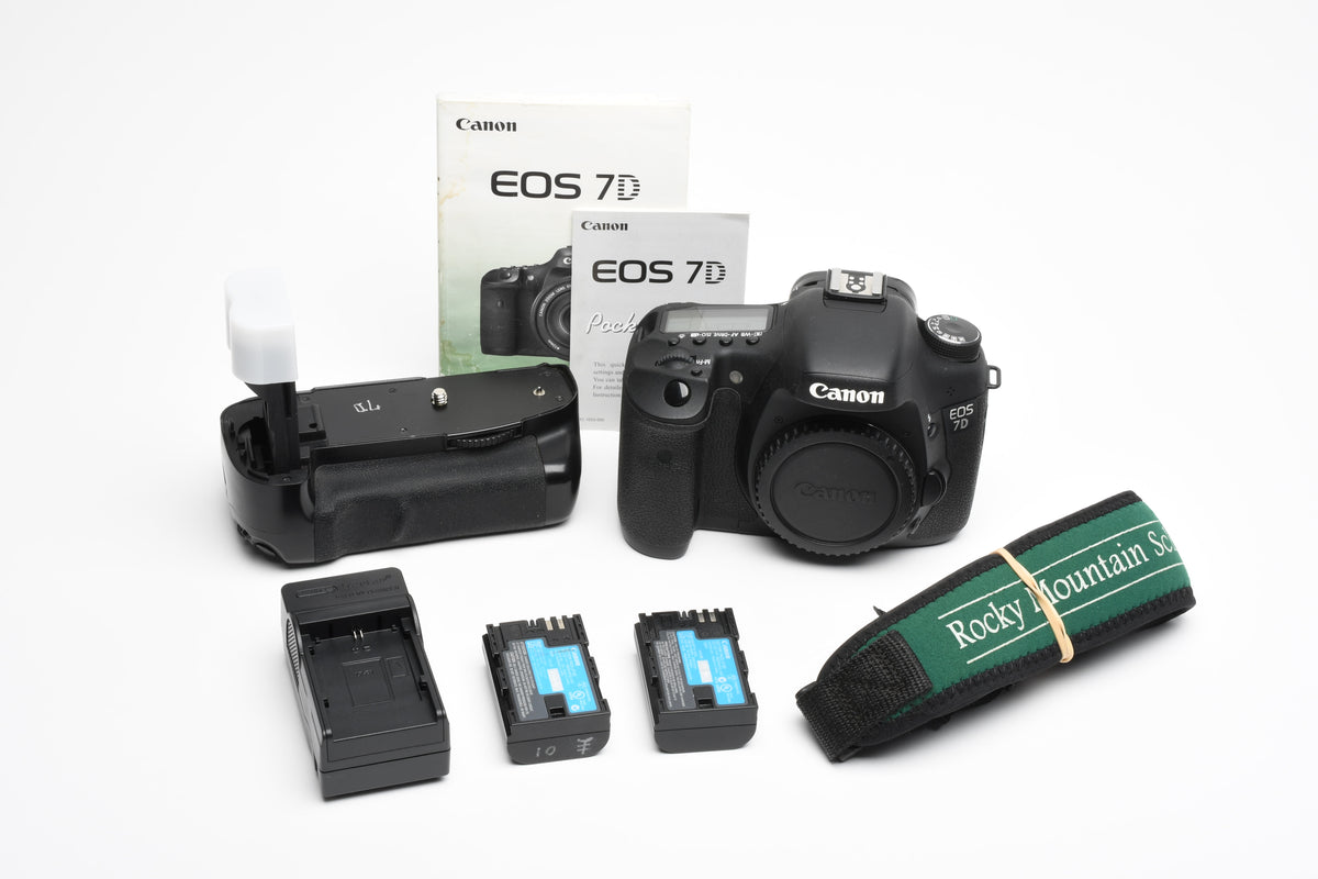 Canon EOS 7D 18MP DSLR body w/2batts, charger, grip, strap, 13K Acts!
