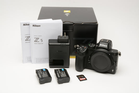 Nikon Z5 body, Boxed, USA version, 2Batts +64GB SD card, Only 2184 Acts!