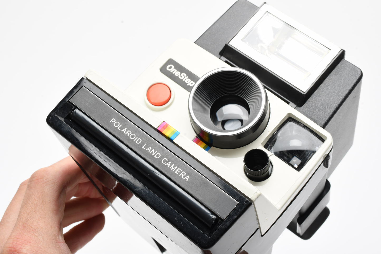 Polaroid One Step Land Instant camera w/rainbow stripe, Electronic Flash, Great