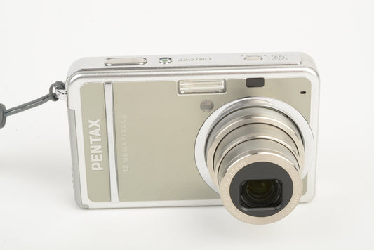 Pentax Optio S12 12MP Digital Point&Shoot camera (Silver), SD, case, batt+charger, box