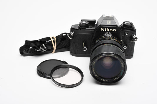 Nikon EM 35mm SLR w/Access 35-70mm zoom, Strap, New Seals, Great!