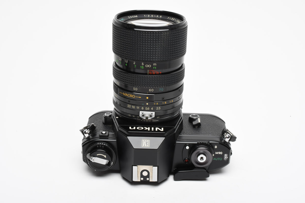 Nikon EM 35mm SLR w/Access 35-70mm zoom, Strap, New Seals, Great!