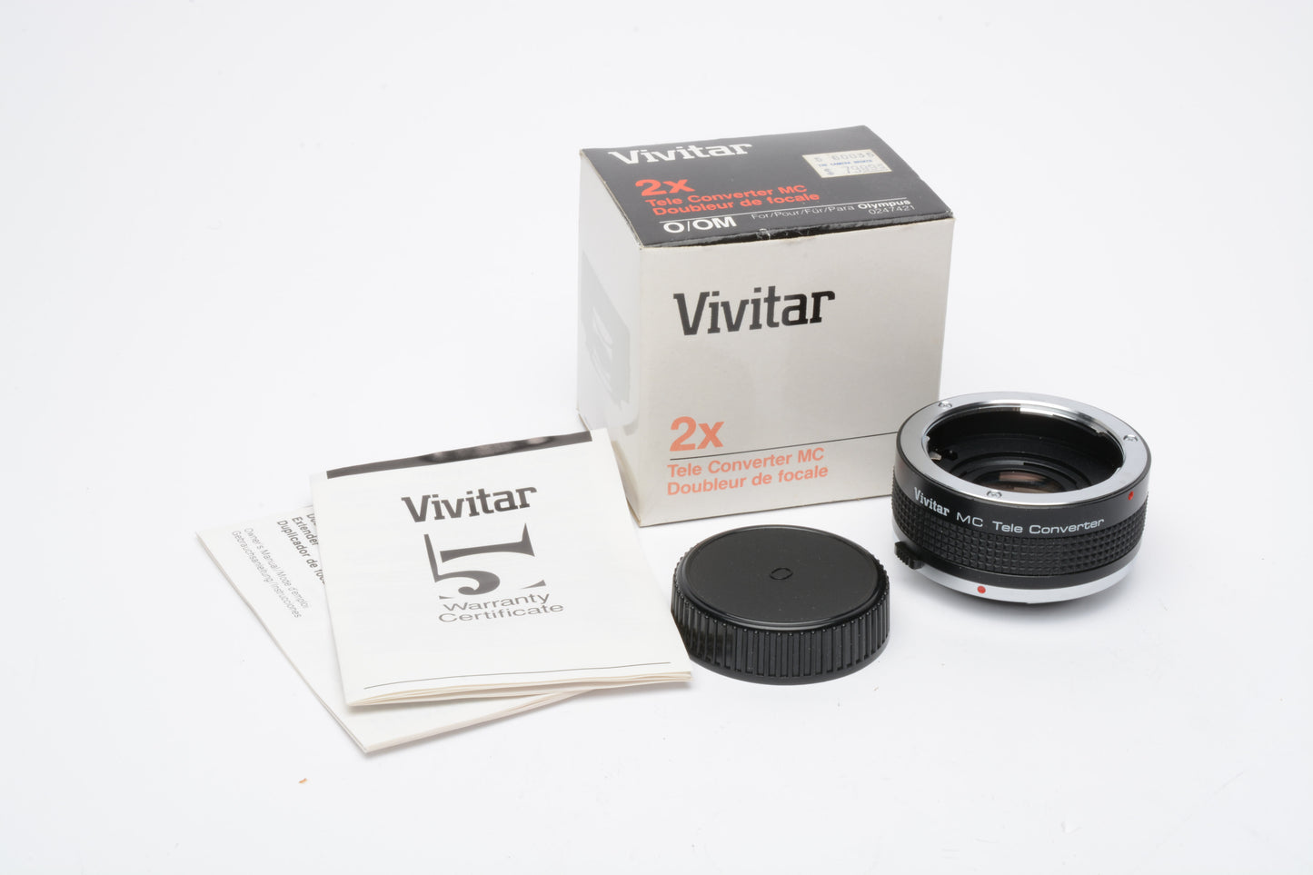 Vivitar 2X Tele converter 2X-21 for Olympus OM 35mm cameras, in box +instructions