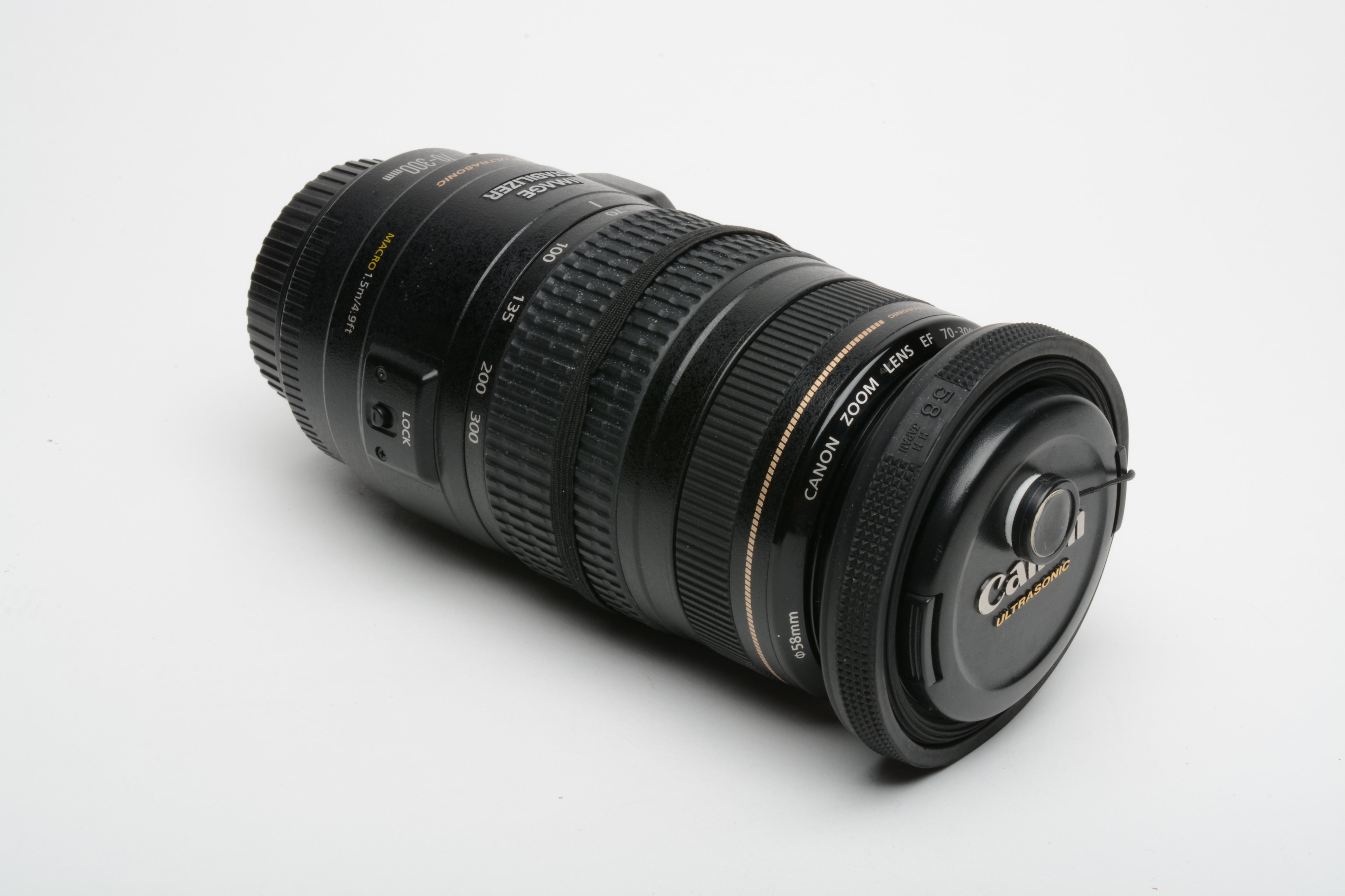 Canon EF 70-300mm f4-5.6 IS USM zoom lens, caps, rubber hood, UV