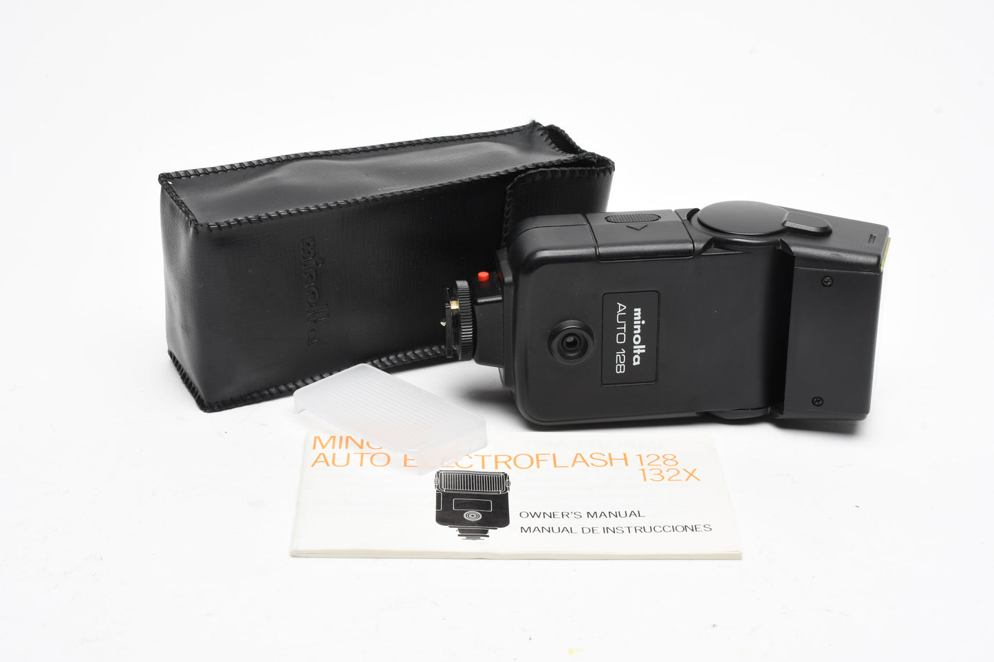 Minolta Auto 128 electronic flash, nice & clean, tested, w/Case+Manual+Diffuser