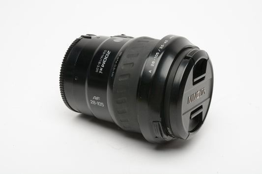 Minolta Xi AF 28-105mm f3.5-4.5 Power zoom lens, caps, hood, UV, Great!