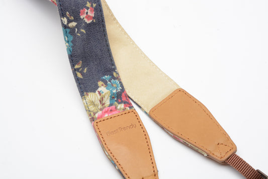 Best Trendy Colorful floral camera strap 1.5" wide w/leather ends, clean