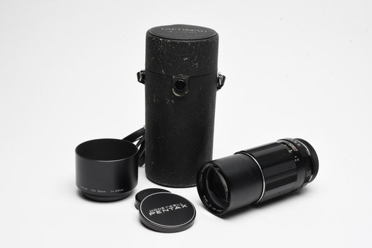 Pentax Super MC Takumar 200mm f4 M42 Mount lens, case, hood, caps, Mint