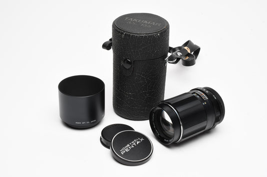 Pentax Super MC Takumar 135mm f3.5 M42 Mount lens, case, hood, caps, Mint