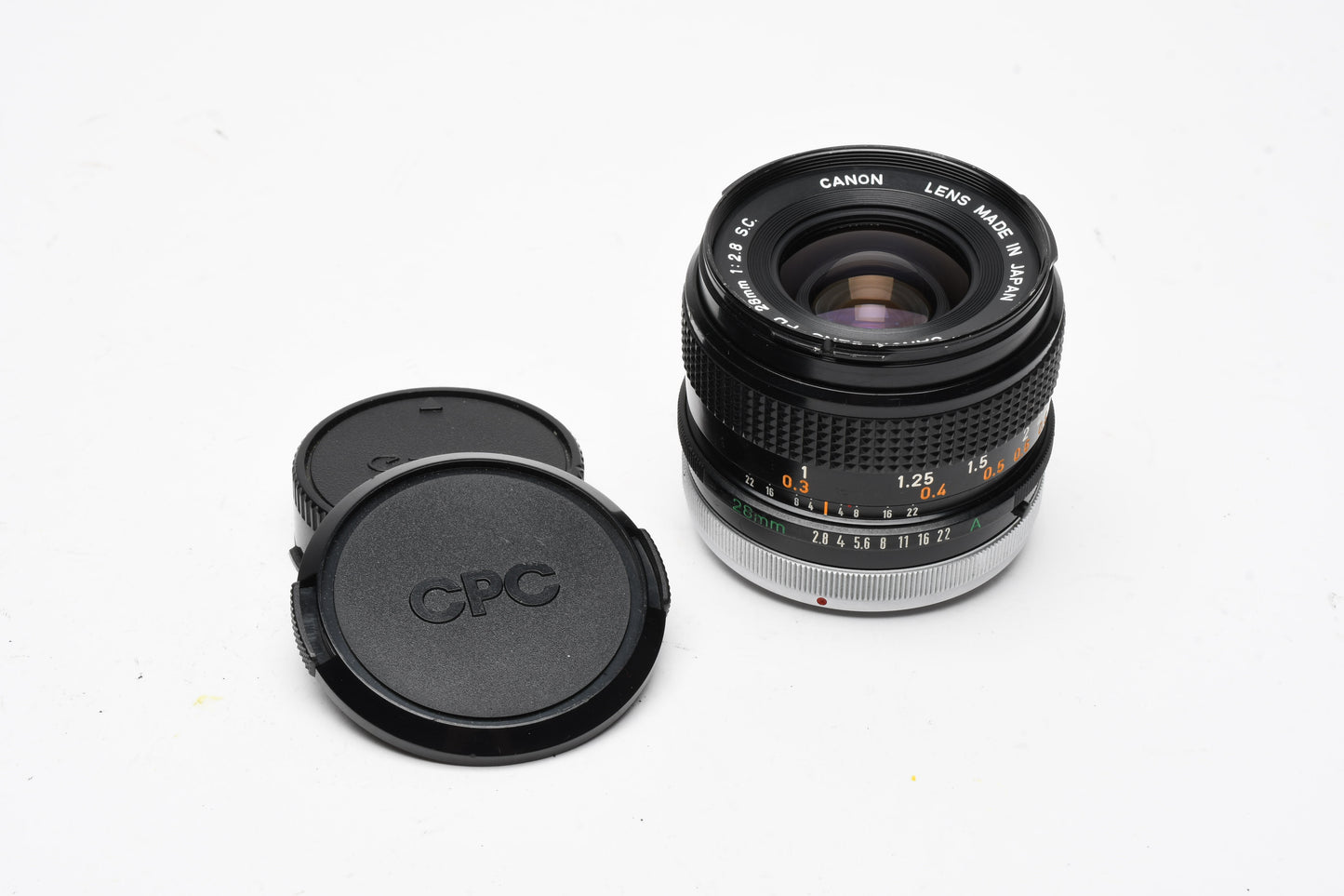 Canon MF 28mm f2.8 S.C. Prime wide lens w/Breech mount, caps, good