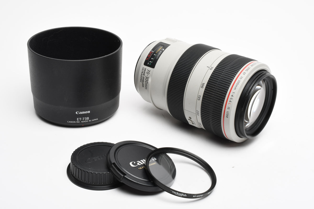 Canon EF 70-300mm f4-5.6L IS USM, hood, caps, UV, Great! Mint-