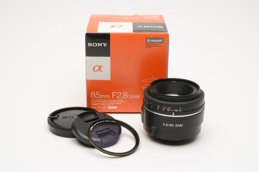 Sony 85mm f2.8 SAM SAL85F28 lens, UV, Mint- Boxed (A-Mount)