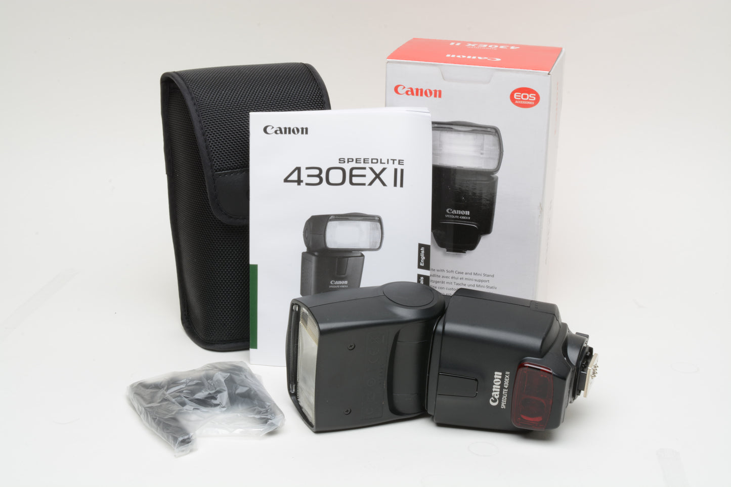 Canon 430EX II Speedlite flash w/case+stand+diffuser, very clean, gently used, Boxed