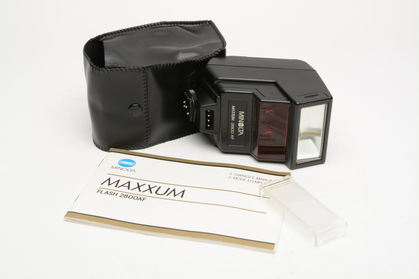 Minolta Maxxum AF 2800AF flash, case, diffuser, manual, tested, Nice!