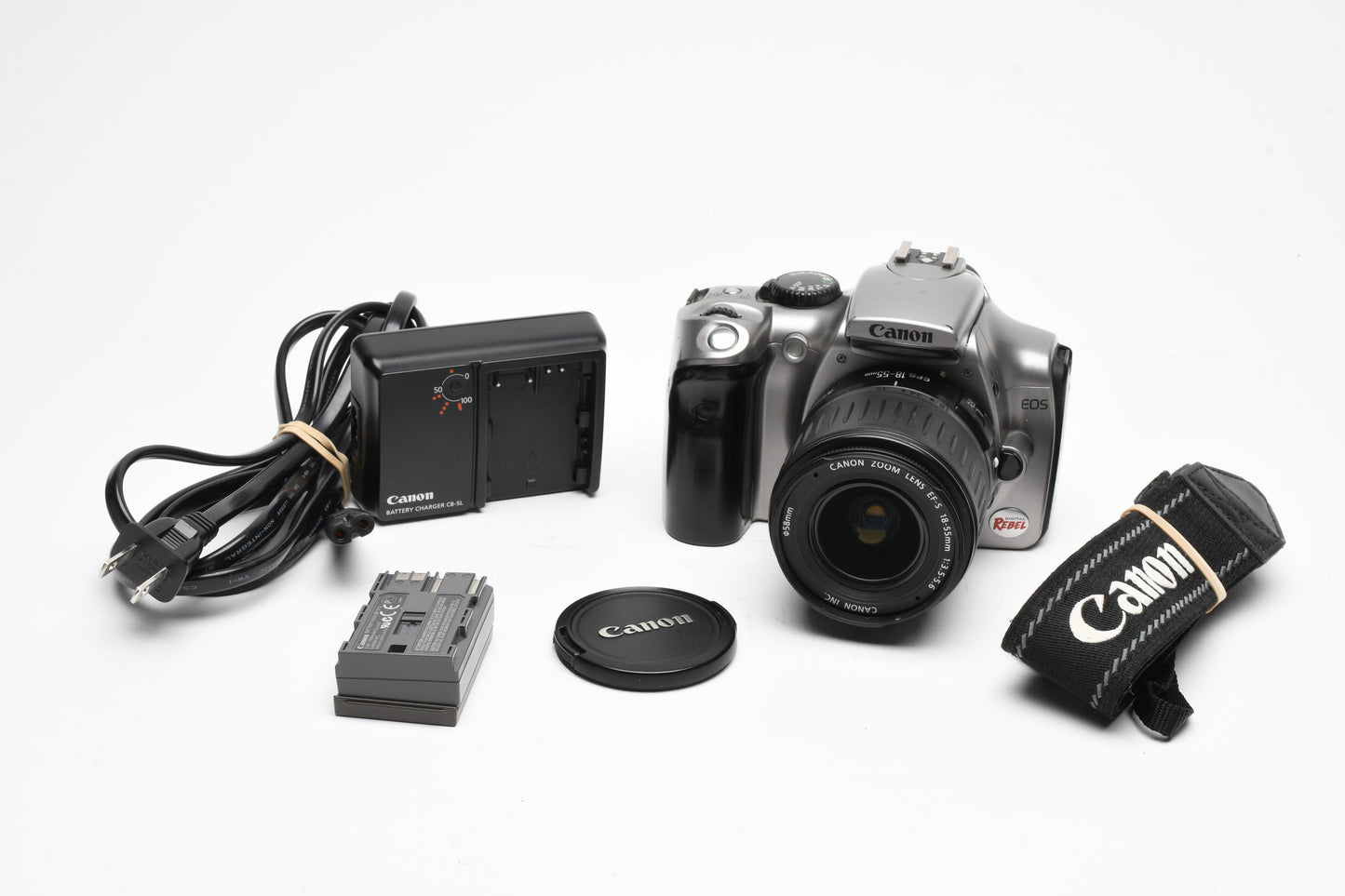 Canon Digital Rebel DSLR w/18-55mm f3.5-5.6 zoom lens, Batt+charger, Good!