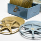 10X S8 8mm Metal Movie Reel 400' w/Cans, Tan/Blue in metal carrying case