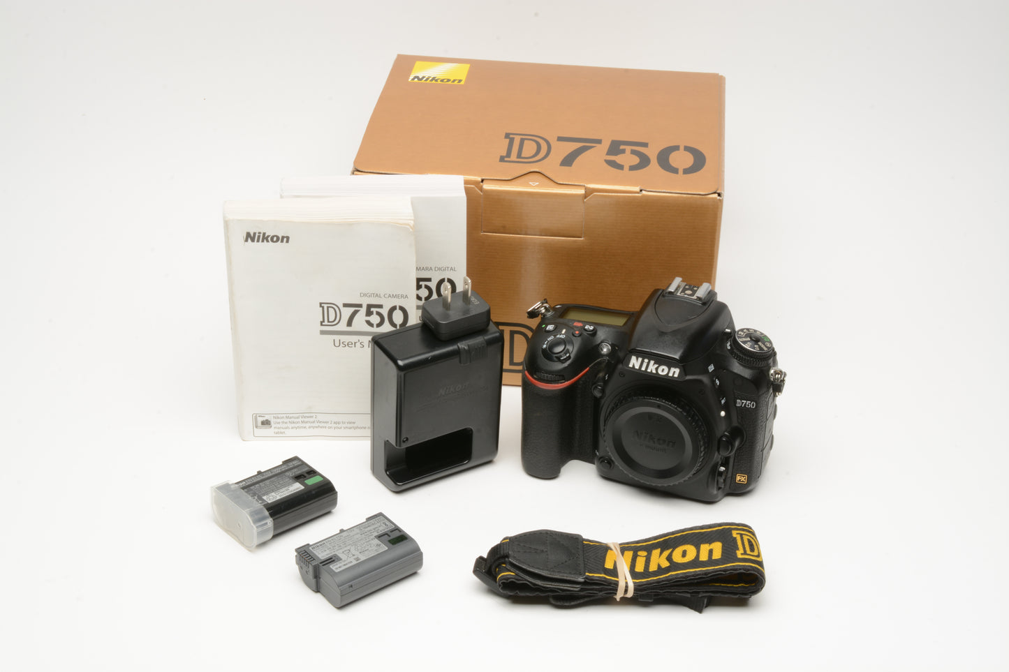 Nikon D750 DSLR Body w/2X batts, charger, strap, manuals, boxed 45K acts