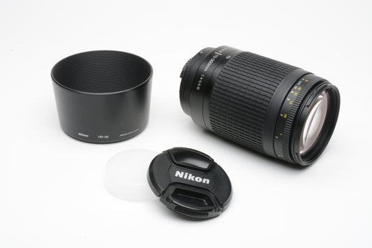 Nikon AF Zoom Nikkor 70-300mm f4.5-5.6G zoom lens, caps + Lens hood