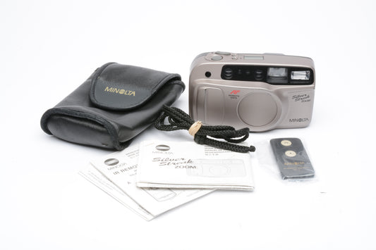 Minolta Silver Streak zoom 35mm Point&Shoot camera, case+strap+remote, tested