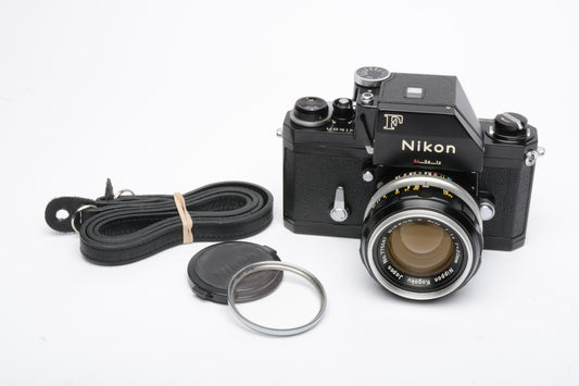 Nikon F Photomic Black body w/Nikkor-S 50mm f1.4 lens, UV, cap, strap, New seals, Nice!