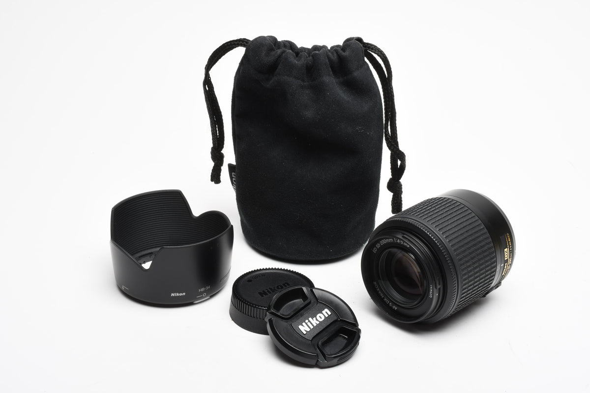 Nikon AF-S DX Nikkor ED 55-200mm F4-5.6G SWM zoom lens w/Caps, Hood, Pouch, Nice!