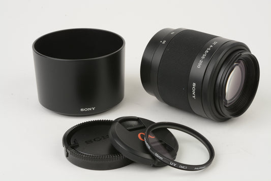 Sony AF 55-200mm f4-5.6 DT SAM lens, caps, hood, UV filter, nice & clean