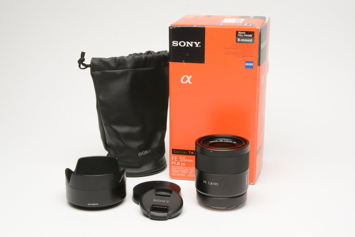 Sony FE 55mm f1.8 Sonnar T* ZA lens, hood+caps, Boxed, Mint-