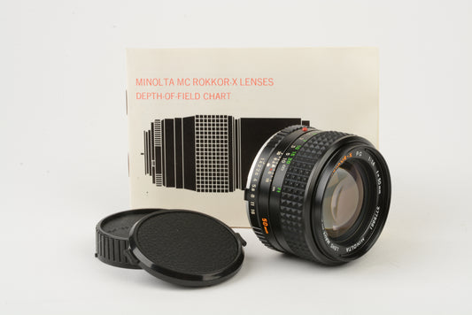 Minolta MD Rokkor-X 50mm f1.4 prime lens w/caps + manual, very clean