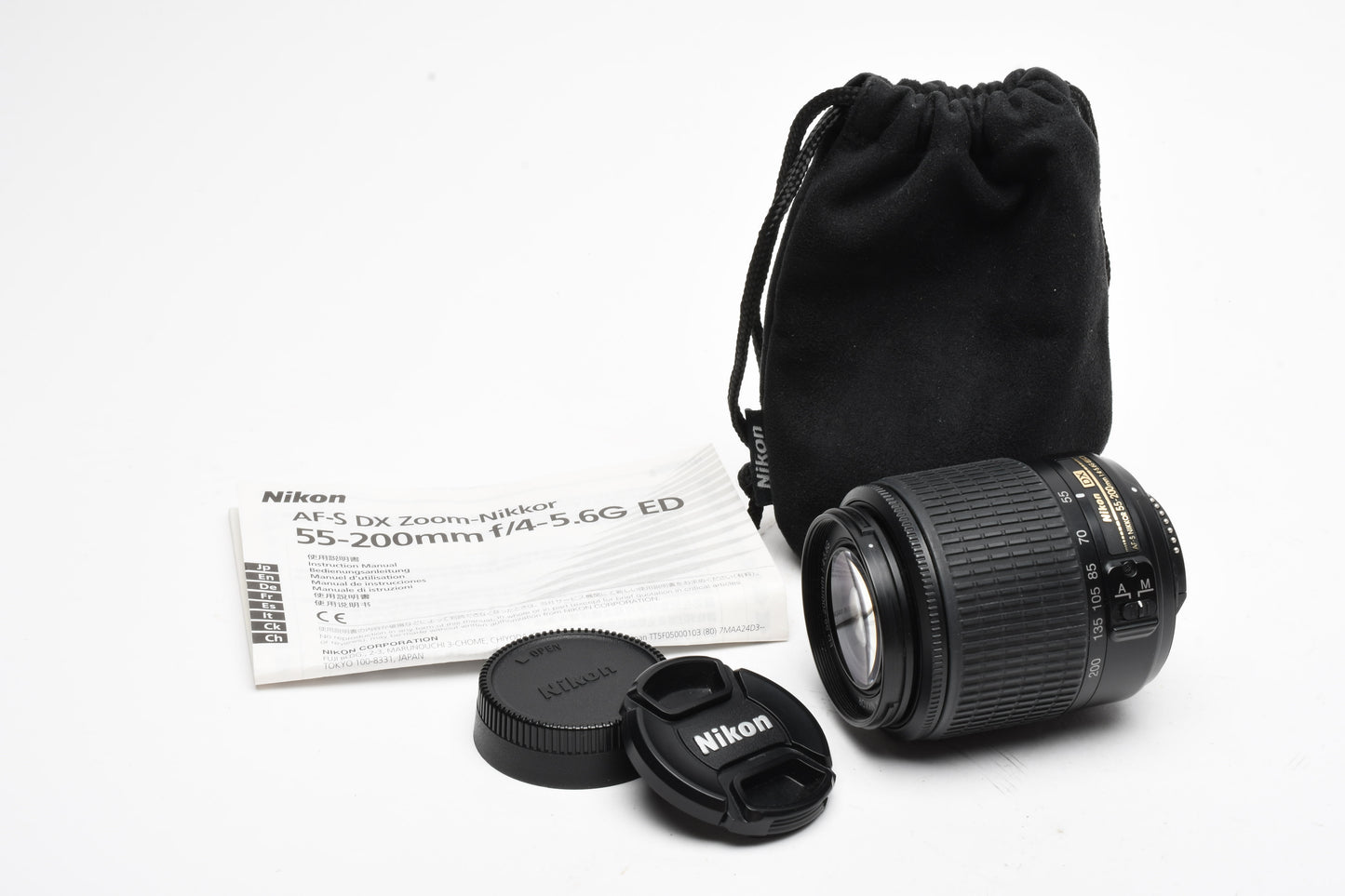 Nikon AFS Nikkor 55-200mm F4-5.6G ED DX zoom lens, caps, pouch, manual